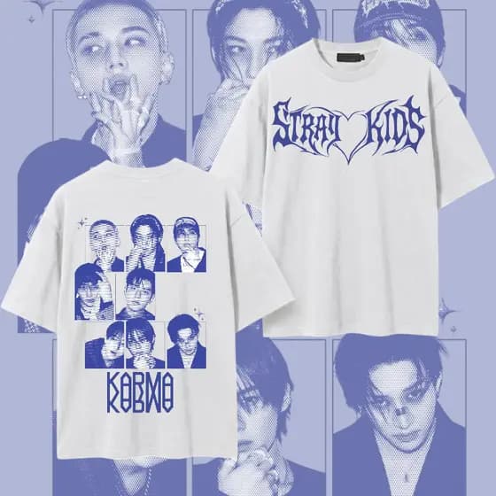 Camiseta Stray Kids Azul Frente e Costas Estampada Idol Kop Almbum Karma Unissex
