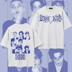 Camiseta Stray Kids Azul Frente e Costas Estampada Idol Kop Almbum Karma Unissex
