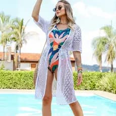 Saida Praia Longa Manga 3/4 Canga Kimono Verao Moda