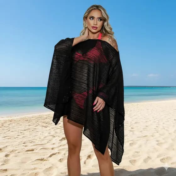 Saida de Praia Poncho Transparente Maternidade Elegante Traje Banho Tricot Saida Banho