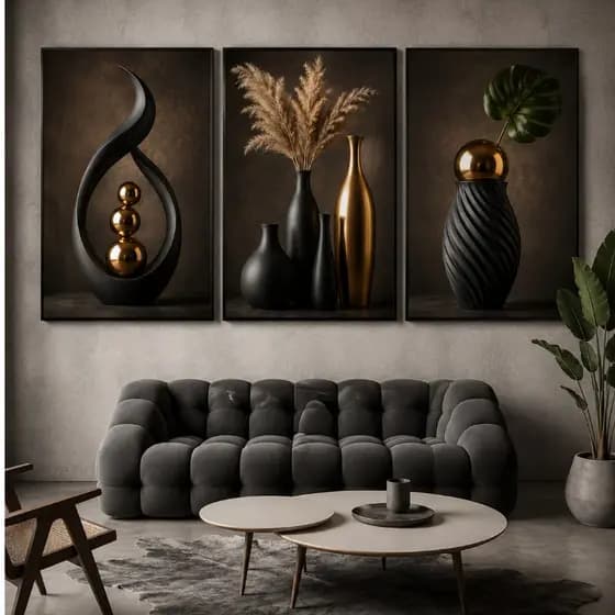 Kit Quadro Decorativo 3 Peças Flores Abstrato Vaso Gold Preto Dourado Sala Quarto Hall Decoração
