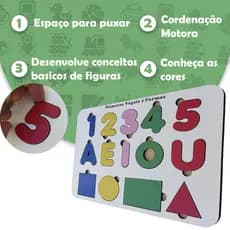 Painel Tabuleiro Números Vogais E Formas De Encaixe Madeira