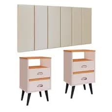 Cabeceira Módulo Retangular Painel Acolchoado Box Casal 1,40 Kit 2 Mesinhas com Gaveta Mesa Apoio Cama Nicho Suporte Objeto Quarto Completo - RPM