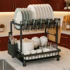 Escorredor de Louças 2 Andares Preto Rack Organizador para Cozinha