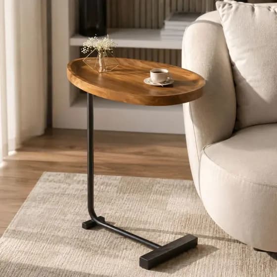 Mesinha De Apoio Lateral MDF Oval Sala Estilo Industrial Para Sofá Apoio De Notebook Decoração