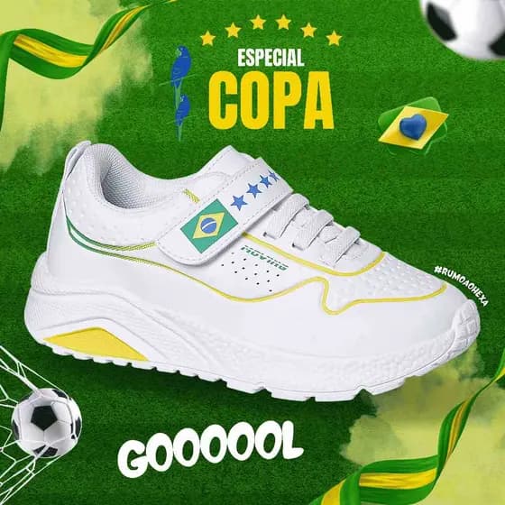 Tênis Infantil Ortopasso Brasil Copa Futebol Colorido Menino Menina Escolar Confortável Macio Leve