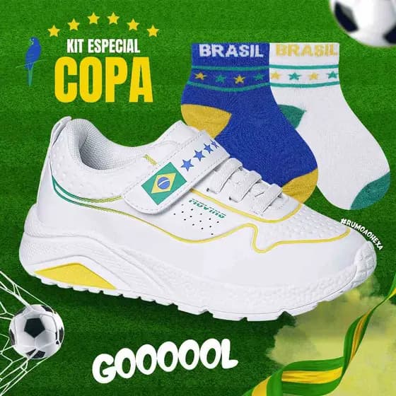 Tênis Infantil Ortopasso Brasil Copa Futebol Colorido+ Meia Menino Menina Escolar Confortável Leve