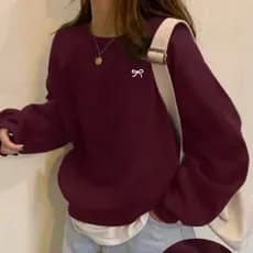 Moletom casual de cor sólida, gola redonda com estampa de laço.
