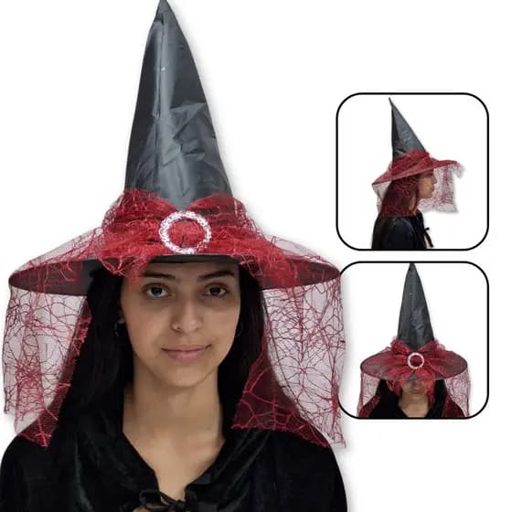 Chapéu de Bruxa Preto com Fecho e Renda Vermelha