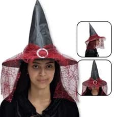 Chapéu de Bruxa Preto com Fecho e Renda Vermelha