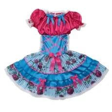 Vestido de Festa Junina Infantil Cetim Mini Rosas