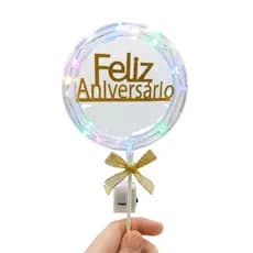 Topo de Bolo Redondo Feliz Aniversário com LED e Laço Transparente