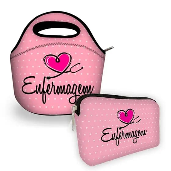 Kit Bolsa média e bolsa pequena feminina  Lancheira com necessaire Isoflex Sem Alça - Enfermagem Rosa