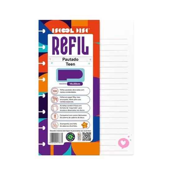 Refil Caderno De Disco Iscool Inteligente Pautado Teen Inteligente 90g 100 Folhas
