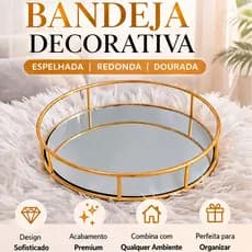 Bandeja Decorativa Espelhada Redonda Dourada Luxo Porta Perfume Organizador Lavabo Banheiro Decoração 25cm