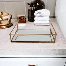 Bandeja Metal Com Espelho Decorativa Lavabo Banheiro Dourado