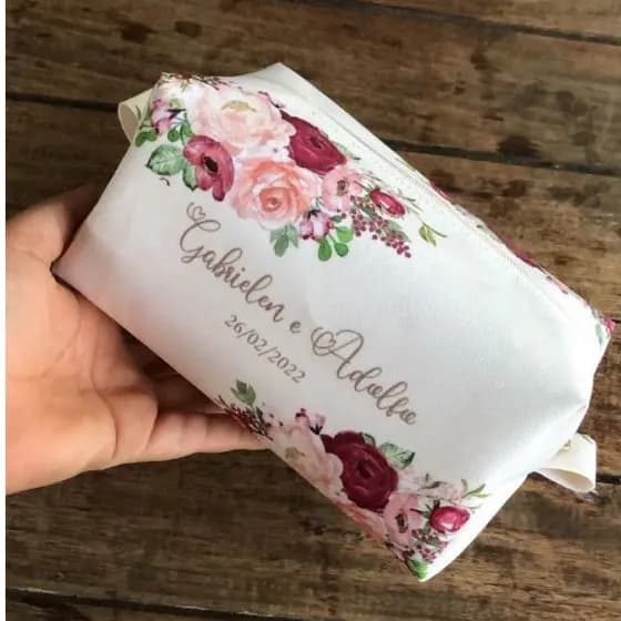 Necessaire Box Grande com nome - Floral Marsala Tamanho 10x11x18