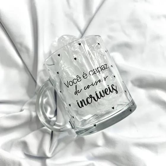 Caneca Transparente Personalizada Cristal 325ml Frase Para Uso Diário, Presente Minimalista Corações