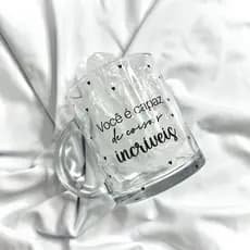 Caneca Transparente Personalizada Cristal 325ml Frase Para Uso Diário, Presente Minimalista Corações