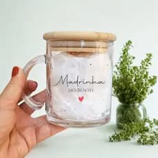 Caneca Personalizada Cristal Vidro Transparente Com Tampa de Bambu para Padrinhos 325ml
