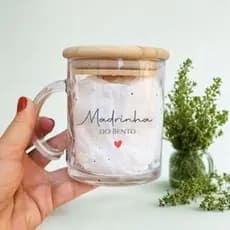Canecas De Cristal Premium Com Tampa De Bambu Padrinho Madrinha Dindo Dinda Batizado Batismo