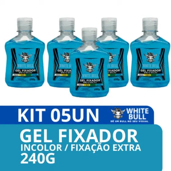 Kit 5 Gel Modelador White Bull 300g Extra Forte Efeito Brilho Incolor Sem Resíduos