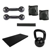 Kit Treino Em Casa Par Halter Peso 3Kg Emborrachado+Par Caneleira 3Kg+Kettlebell 4Kg Agachamento+Colchonete+Elástico