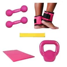 Kit Treino Academia Par Peso 1 Kg Rosa + Par Caneleira 1 Kg + Kettlebell 4 Kg + Colchonete + Elástico