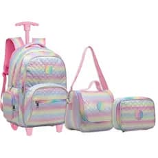 Kit Mochila Grande Com Rodas Tie Dye Colorida Escolar Feminina