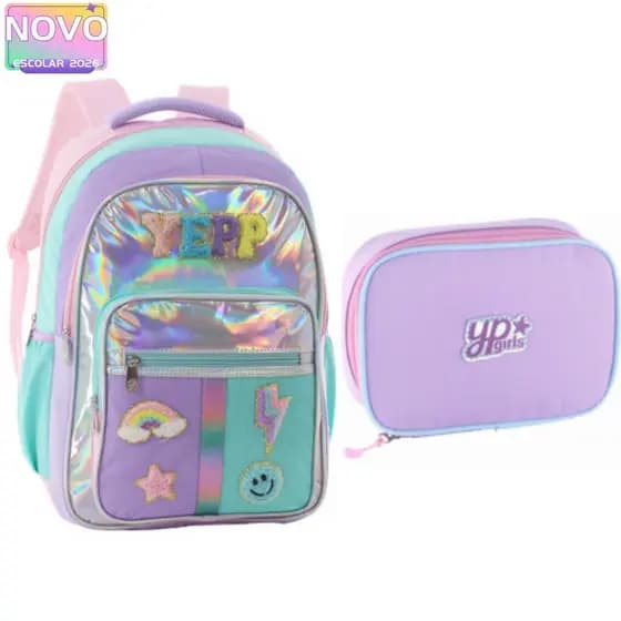 Kit Mochila Holográfico Rainbow Feminina Com Estojo Escolar Juvenil