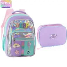 Kit Mochila Holográfico Rainbow Feminina Com Estojo Escolar Juvenil