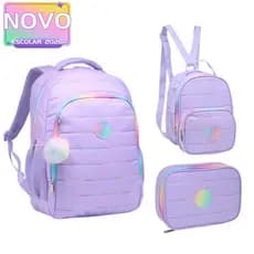 Kit Mochila De Costas Escolar Juvenil 18” Estampa Liso Feminina Com Lancheira Térmica E Estojo