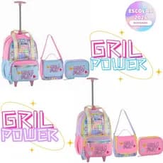Kit Mochila de Carrinho Holográfica Girl Power Escolar Juvenil Feminino Escolar 2026
