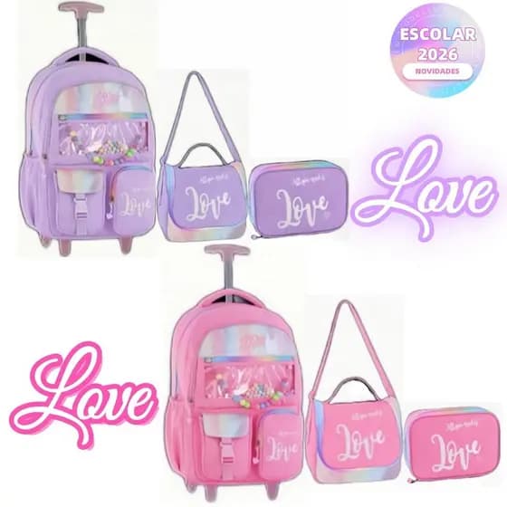 Kit Mochila Holográfica Love 18” Escolar Juvenil 2 Rodas Feminino Passeio Escolar Metalizado Lancheira Térmica E Estojo