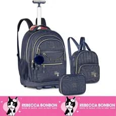 Kit Mochila Jeans Grande De Rodinha Oficial Rebecca Bonbon Lancheira Estojo