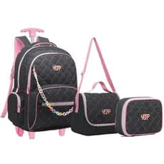 Kit Mochila Grande Jeans Rodinha Com Estojo Box Lancheira Térmica Escolar Juvenil Feminina