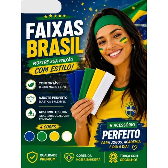 3 Faixas de Cabelo Penteados Brasil Copa do Mundo Elástica Microfibra Tiara Cabelo Amarelo