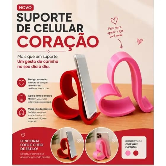 Suporte para Celular em Formato de Coração | Porta Celular de Mesa Decorativo e Funcional