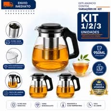 Chaleira de Vidro 950ml 1/2/3 com Infusor Filtro Inox Removível para Chá Camomila Hibisco Chá Verde