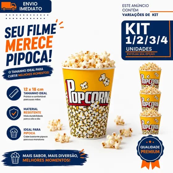 Balde de Pipoca Cinema 1/2/3/4 12x18cm Reutilizável Premium para Filmes Séries e Festas