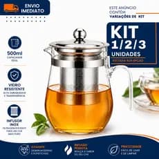 Bule Chaleira de Vidro 500ml com Infusor 1/2/3 Filtro em Aço Inox para Chá e Ervas Transparente