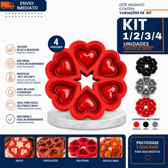 Forma de Silicone Coração 25cm 1/2/3/4 para Doces Chocolates Bombons Gelatinas Bolos Antiaderente Flexível Reutilizável