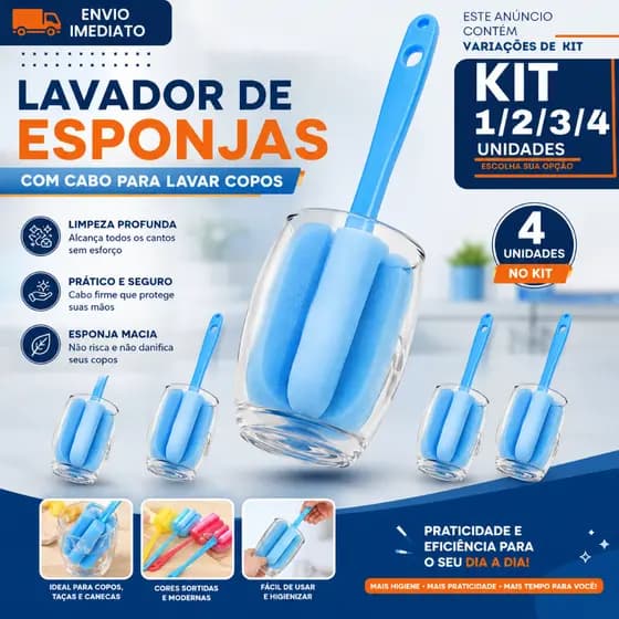 Escova Lava Copos e Taças com Cabo 1/2/3/4 Longo 24cm Limpador de Esponja para Garrafas Copos Canecas Reutilizável