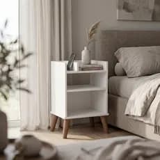 Mesa de Cabeceira Retrô Criado mudo Para Quarto Com Prateleira Nicho Decorativo Pés Palito Madeira Compacta NIPPO