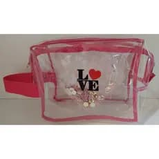 Nécessaire "Love" em plástico transparente, shakes em forma de coração, personalizada