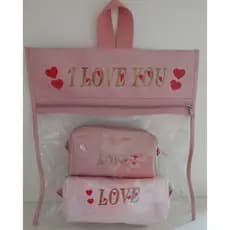 Nécessaire "I Love You" e "Mãe" transparente com duas necessaires menores, personalizadas.