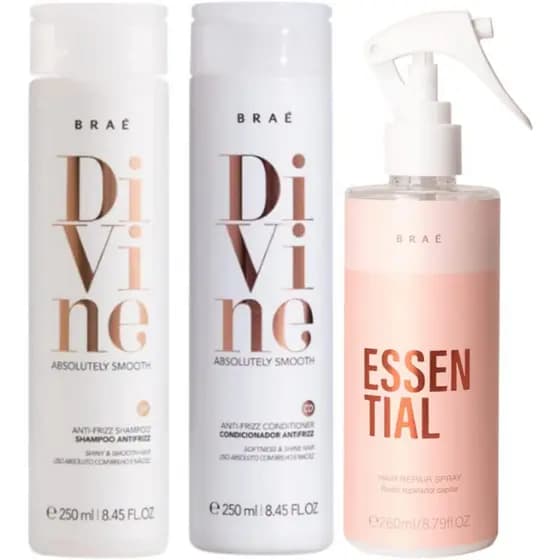 Braé Divine Kit - Shampoo, Condicionador e Leave-In 215ml - Cabelos Alinhados, Controle de Frizz e Brilho Espelhado