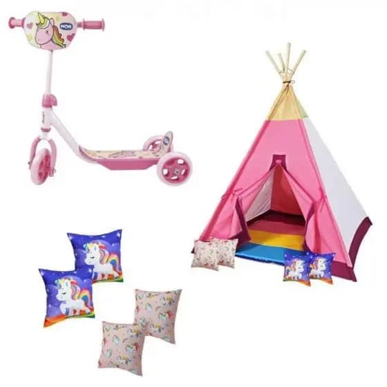 Conjunto Infantil 1 Patinete Rosa + Toca Cabana Infantil Unicórnio + 4 Almofadas