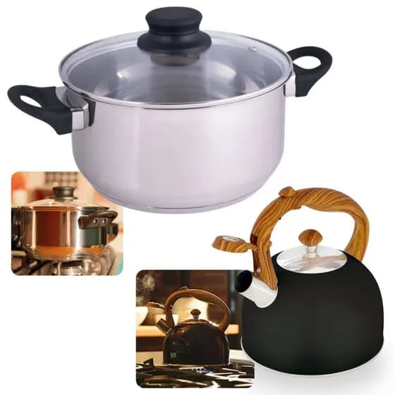 Kit Panela Caçarola Inox 21cm 3,2 Litros Fundo Triplo Indução e Gás + Chaleira Inox 2,5l Wood Preta Cozinha Gourmet