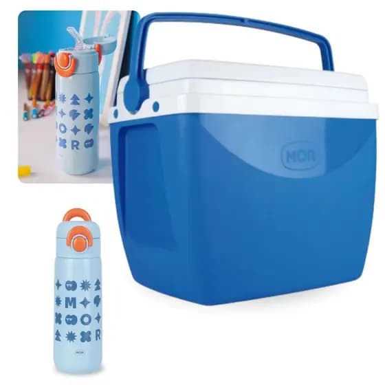 Kit Azul e Branco Verão Garrafa Térmica 480ml Canudo + Caixa Térmica 18 Litros